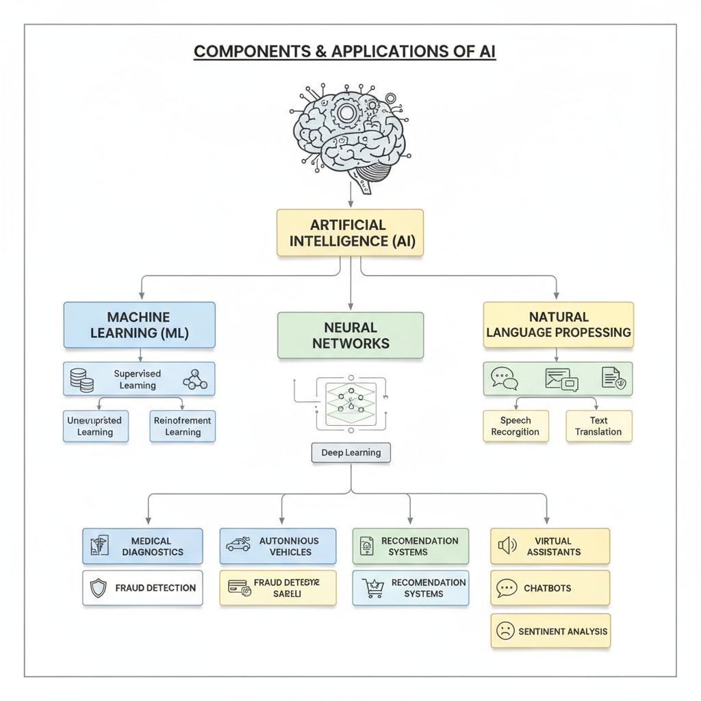 A diagram representing the different components and applications of Artificial Intelligence. It shows elements like machine learning, neural networks, and their applications in various fields. Components and applications of Artificial Intelligence