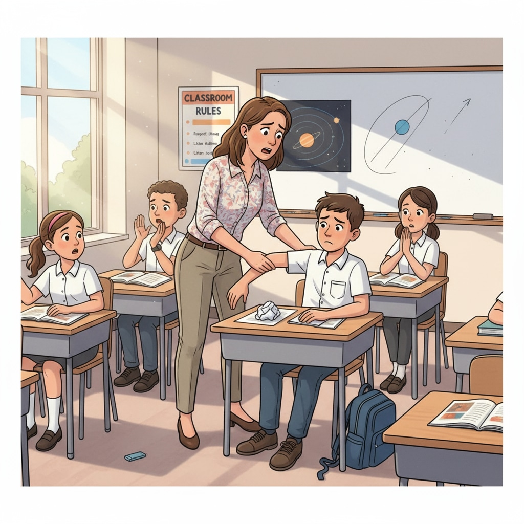 A classroom scene shows a teacher trying to manage a student who is causing disruptions. The other students are looking on, and the teacher has a concerned expression. A teacher facing student behavior problems with no support