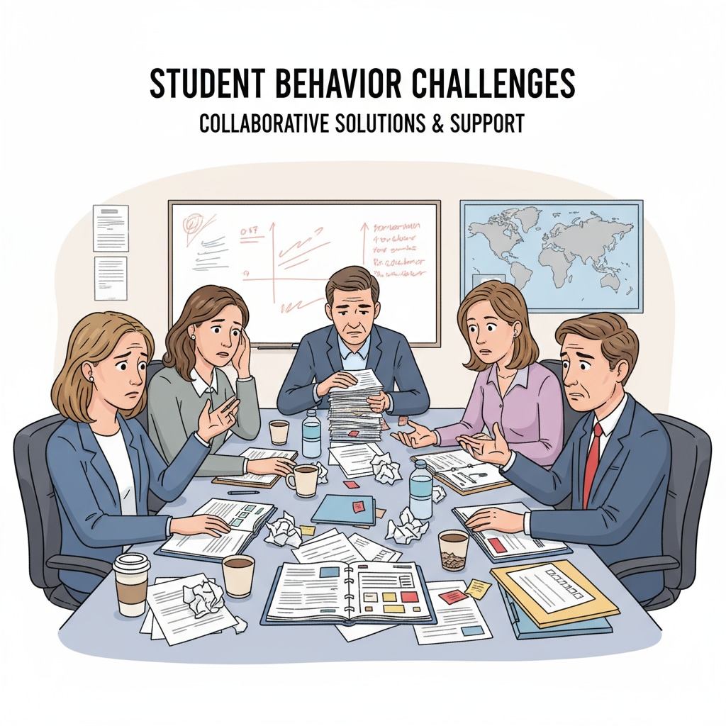A group of teachers are sitting around a table, looking stressed as they discuss student behavior issues. There are papers and cups of coffee on the table. Teachers experiencing frustration due to lack of support in handling student behavior