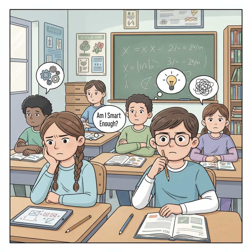 A group of K12 students sitting in a classroom, some with thoughtful expressions, indicating they might be experiencing self-doubt about their intelligence. K12 students showing signs of self-doubt regarding their intellectual capabilities