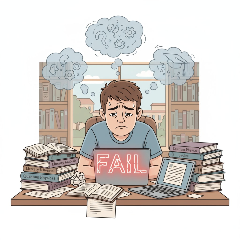 A student sitting at a desk, surrounded by books and papers, with a worried look on their face, symbolizing the impact of self-doubt on academic performance. A K12 student under the pressure of self-doubt in an academic setting