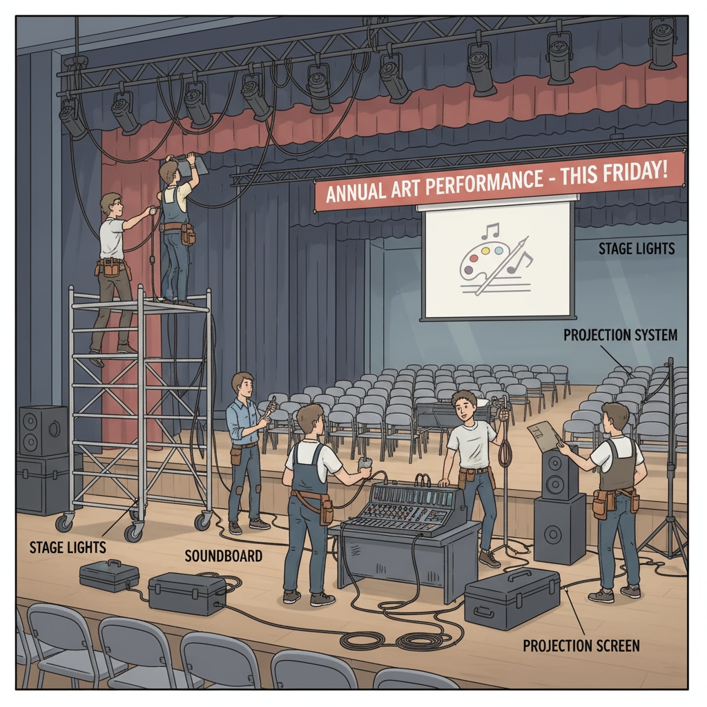 A group of technical team members are busy setting up lighting and sound equipment in a school auditorium to support an upcoming art performance. Technical team members preparing for an art performance in a school as part of art education, technical teams, and district services