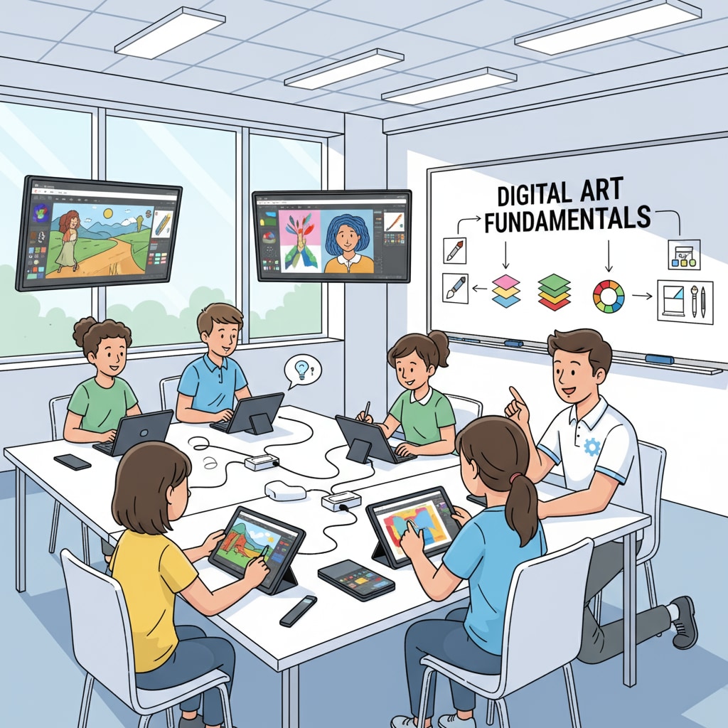 In an art classroom, students are using digital tablets to create artworks with the help of a technical team member who is guiding them through the process. Students learning art with digital tools under the guidance of a technical team as part of art education, technical teams, and district services