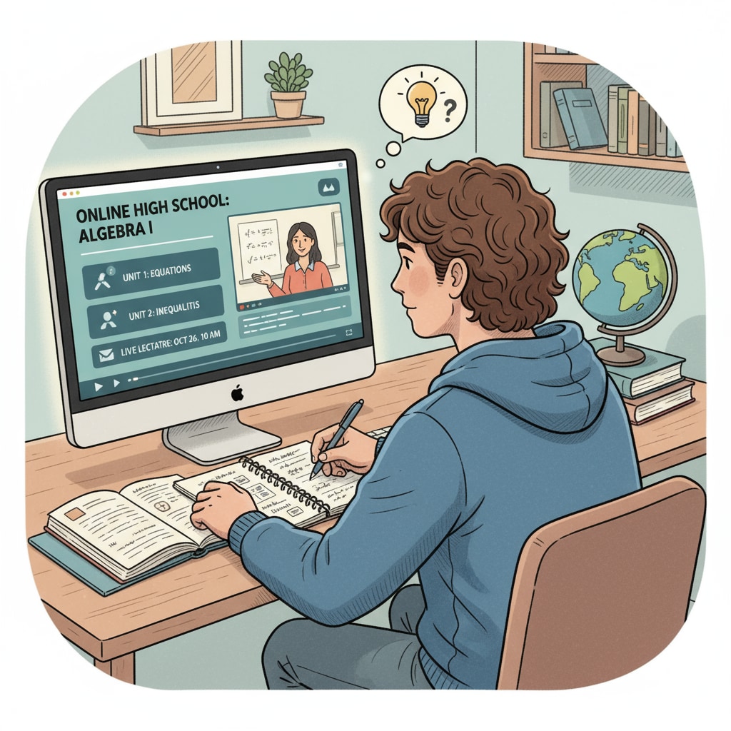 A person is sitting in front of a computer, intently looking at the screen where an online high school course is displayed. They are taking notes and seem engaged in the learning process. A person engaged in online high school courses for career security