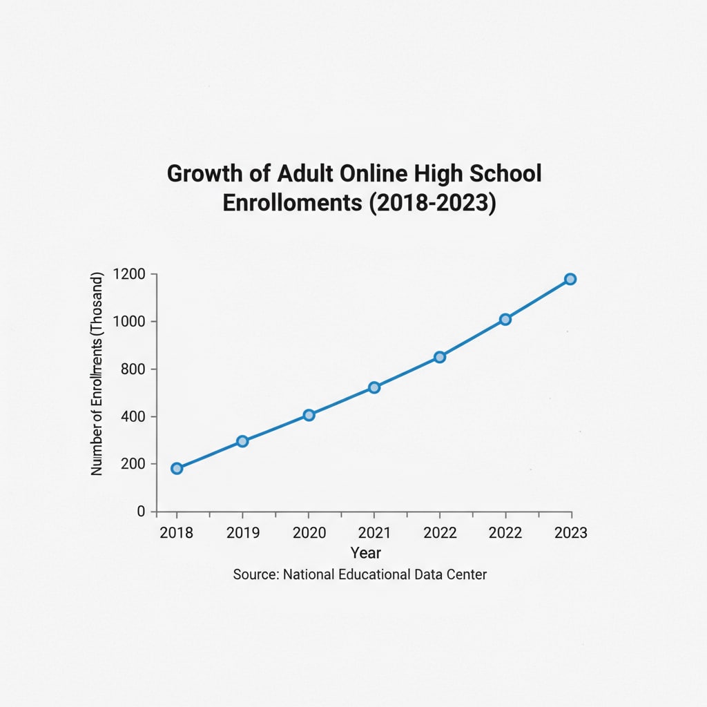 A graph shows the upward trend of the number of adults enrolling in online high school courses over the past few years. The x - axis represents the years, and the y - axis represents the number of enrollments. Graph showing the increasing trend of adults enrolling in online high school courses for better career prospects