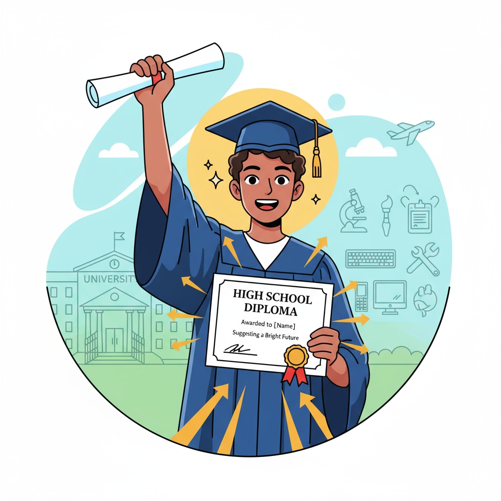A person is smiling widely while holding a high school diploma. There is a sense of accomplishment, and it implies a positive future in terms of career opportunities. A person achieving career security with a high school diploma obtained through online education