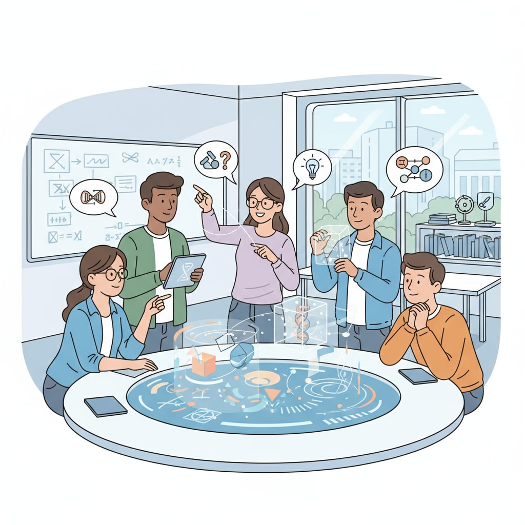 A group of students are having an animated discussion about a theoretical concept, with some using visual aids and gestures to convey their ideas. Students engaged in theoretical learning discussion with attention and hands-on interaction