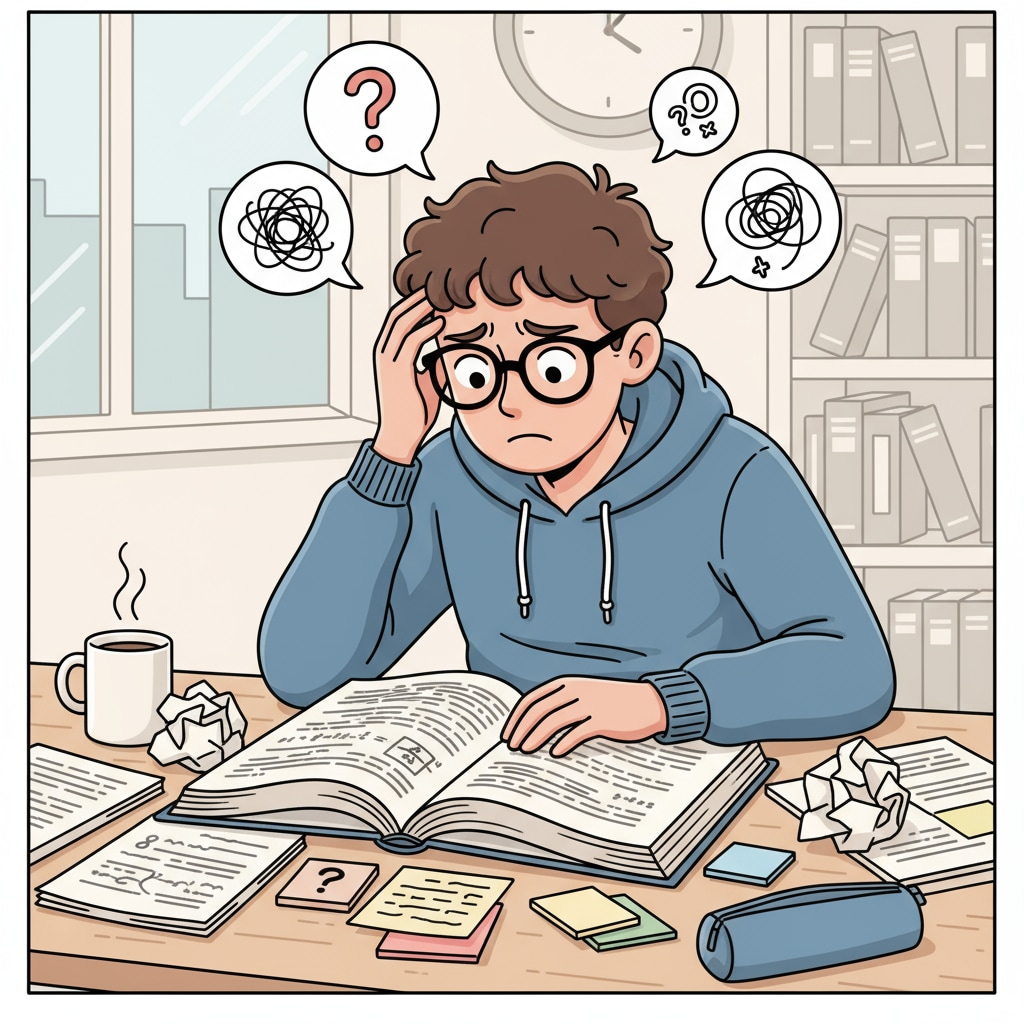 A student is sitting at a desk, looking perplexed as they read a thick theoretical textbook, with papers and notes scattered around. A student with attention deficit facing difficulties in theoretical textbook reading