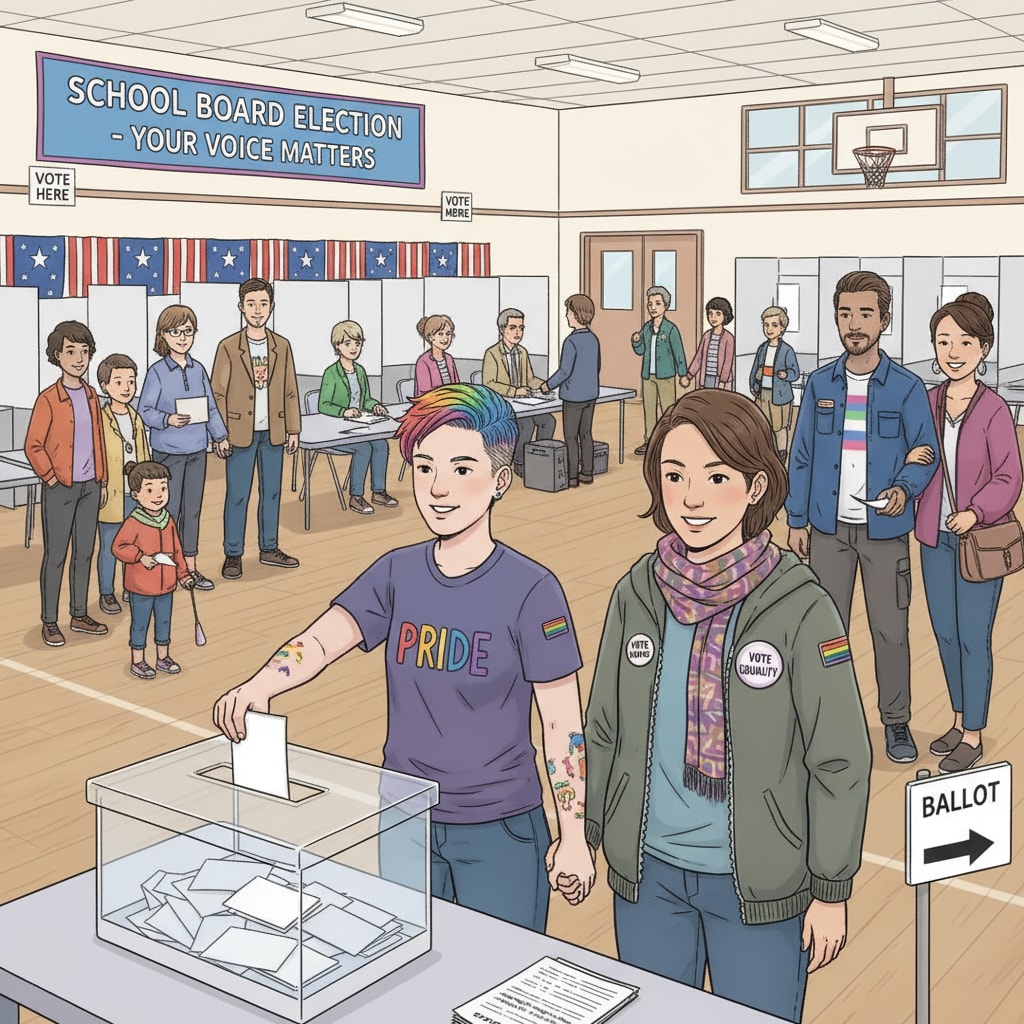 An image showing people casting votes in a school board election, representing the active participation of the LGBTQ+ community in this important democratic process LGBTQ+ community members voting in school board elections to oppose far - right education policies