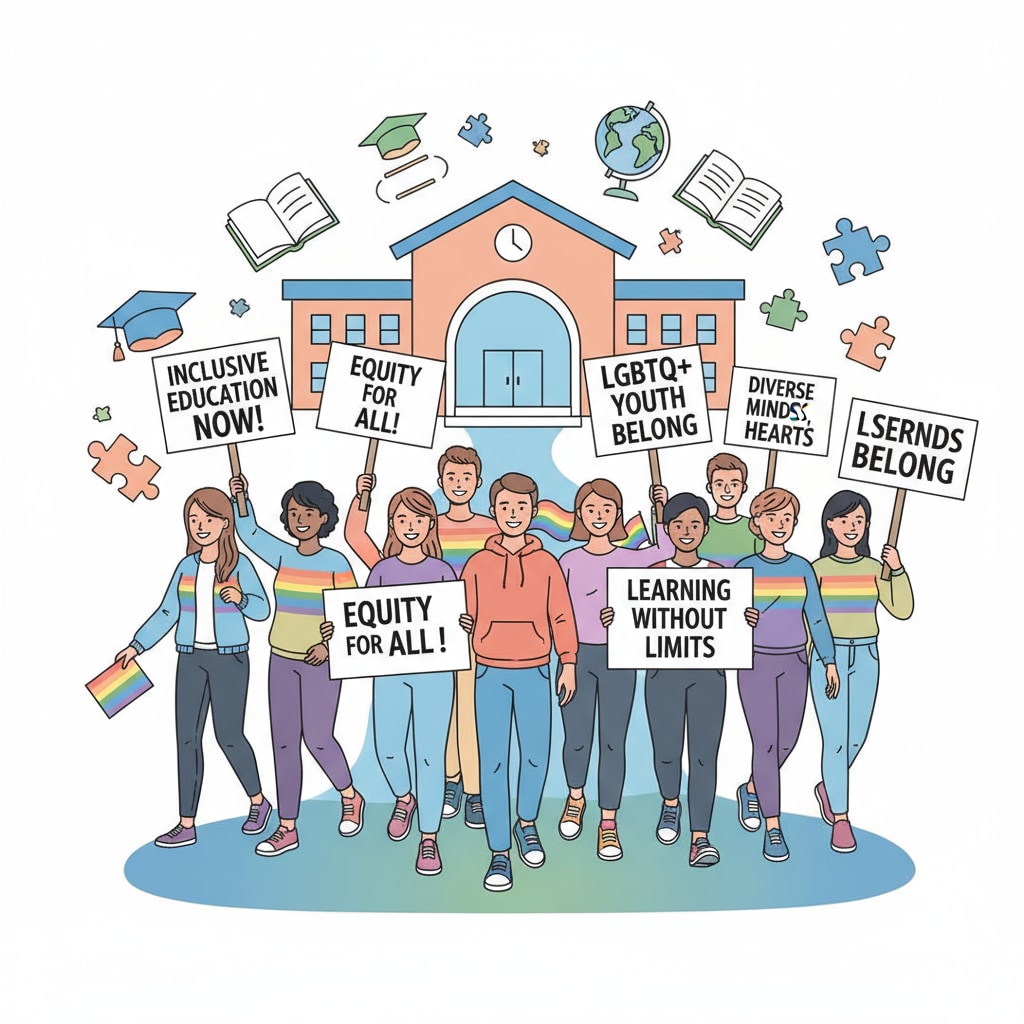 A group of LGBTQ+ individuals holding signs in support of inclusive education, showing their determination to fight for equality in schools LGBTQ+ individuals advocating for inclusive education against far - right groups