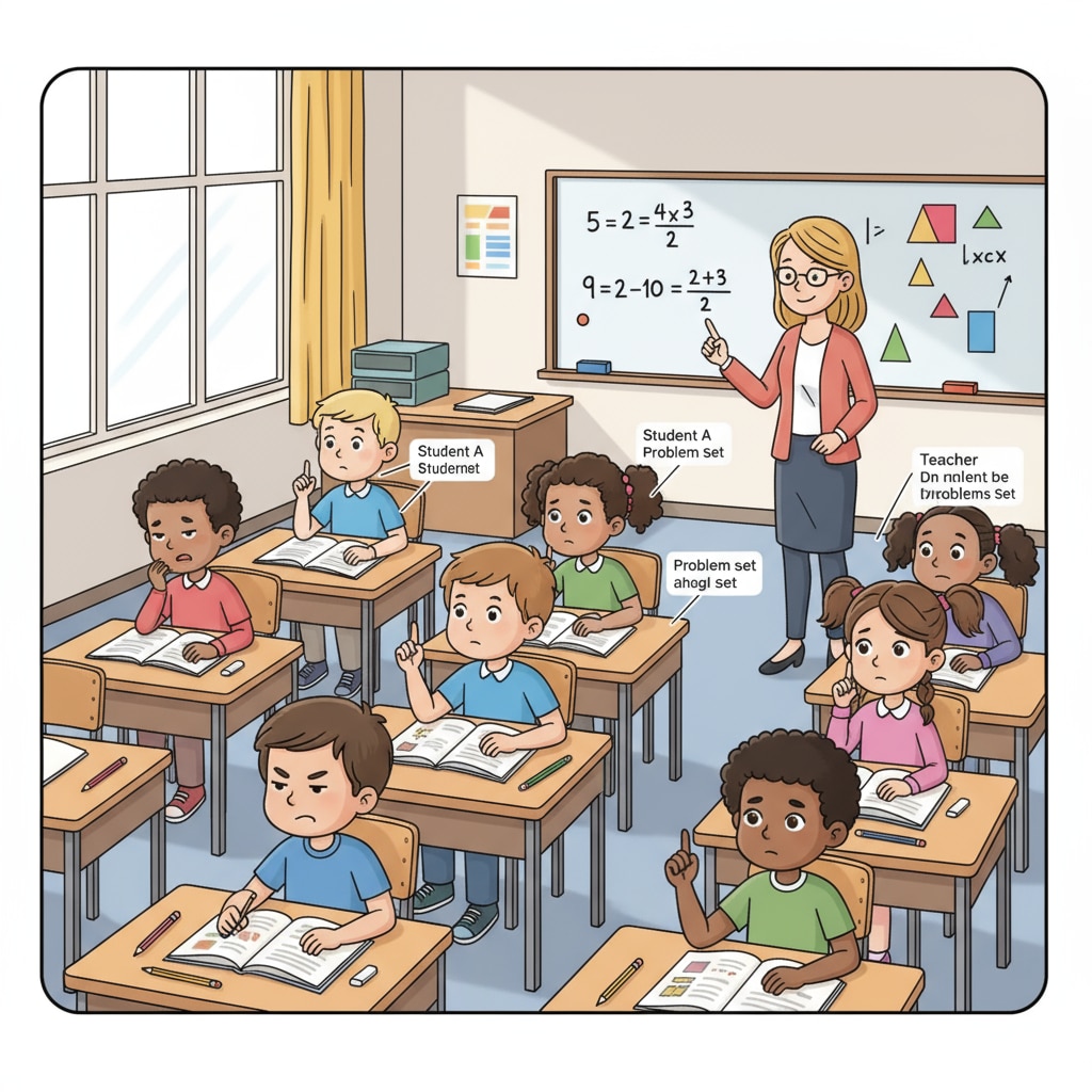 A group of 9-year-old children sitting at desks, looking a bit confused while doing math problems. 9-year-old children struggling with math problems in a learning environment related to children's math, learning programs, and math education