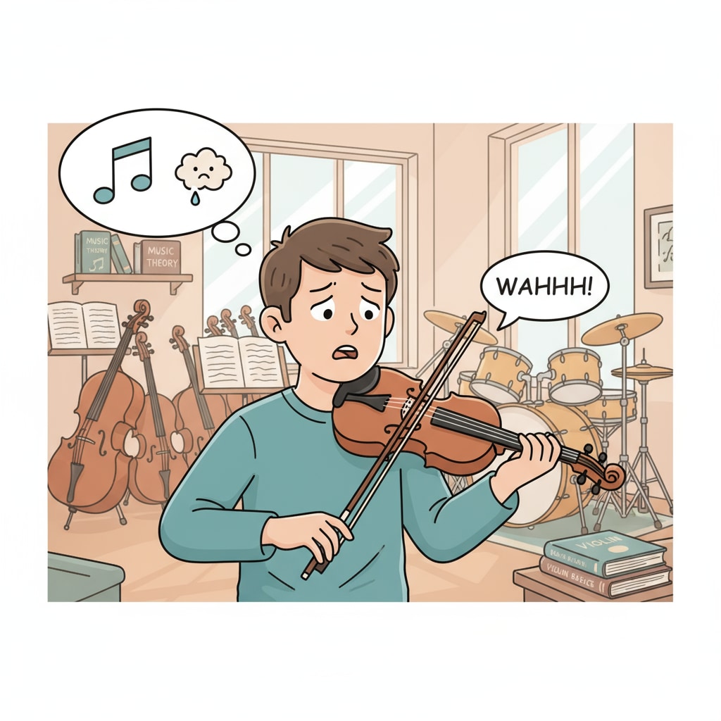 A student is playing the violin in a school music room. There's a surprised look on the student's face as if someone nearby thought the sound was crying. A student playing the violin in school being mistaken for crying