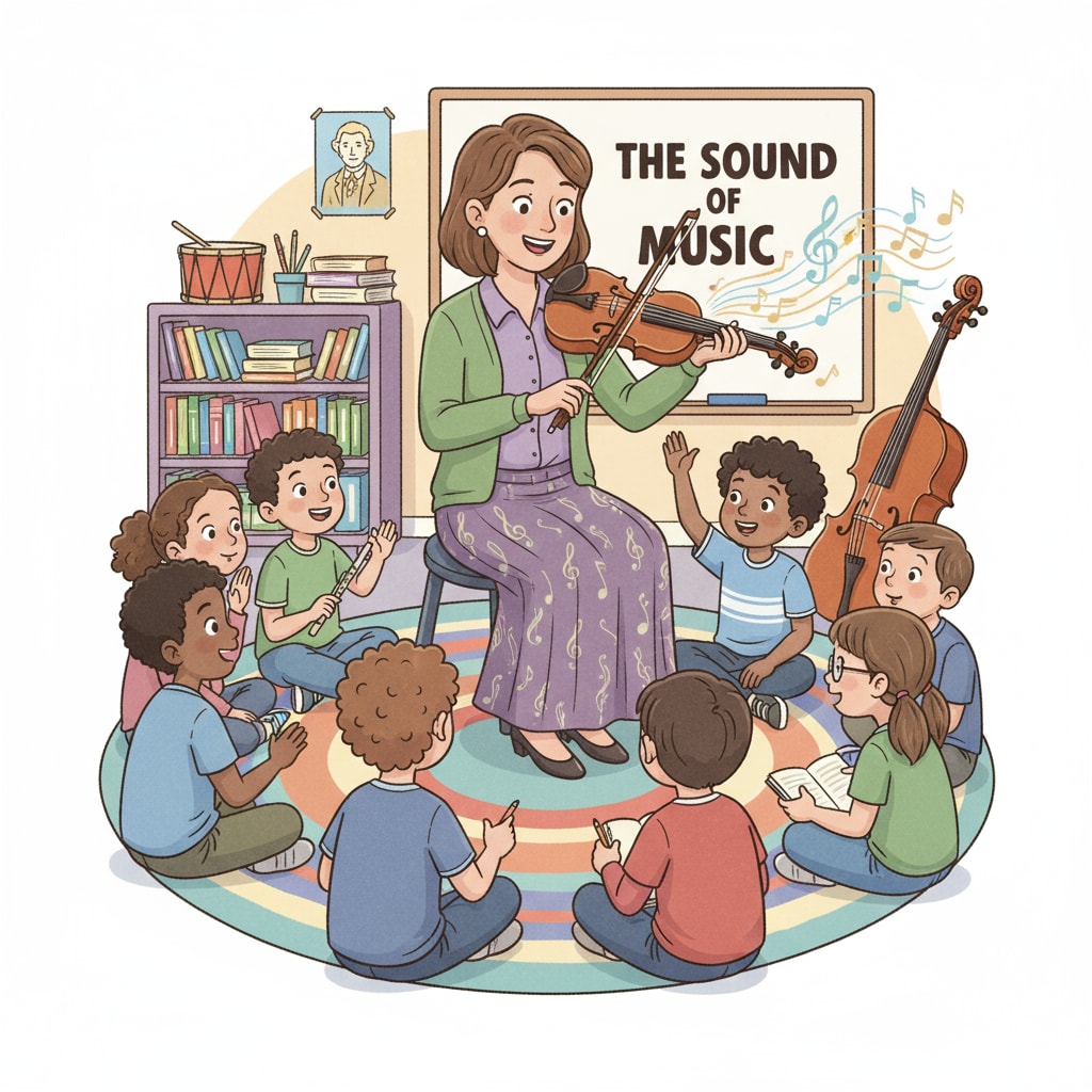 A group of students are sitting in a circle, listening attentively as a music teacher holds a violin and explains its unique sound. Students learning about the unique sound of the violin to avoid misinterpreting it as crying