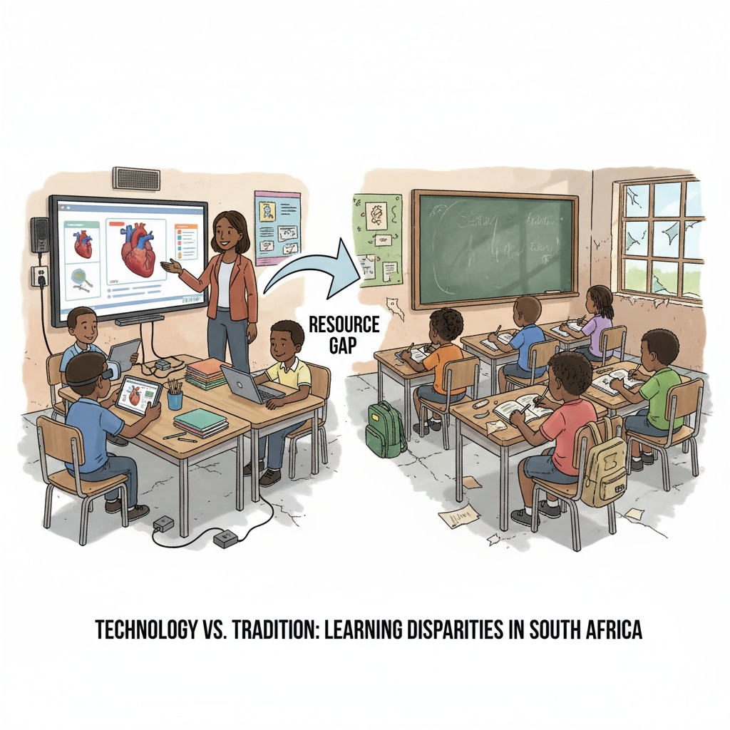 A classroom scene in South Africa where some students have modern learning tools while others have very basic supplies, highlighting the resource gap. Education inequality and resource gap in a South African classroom