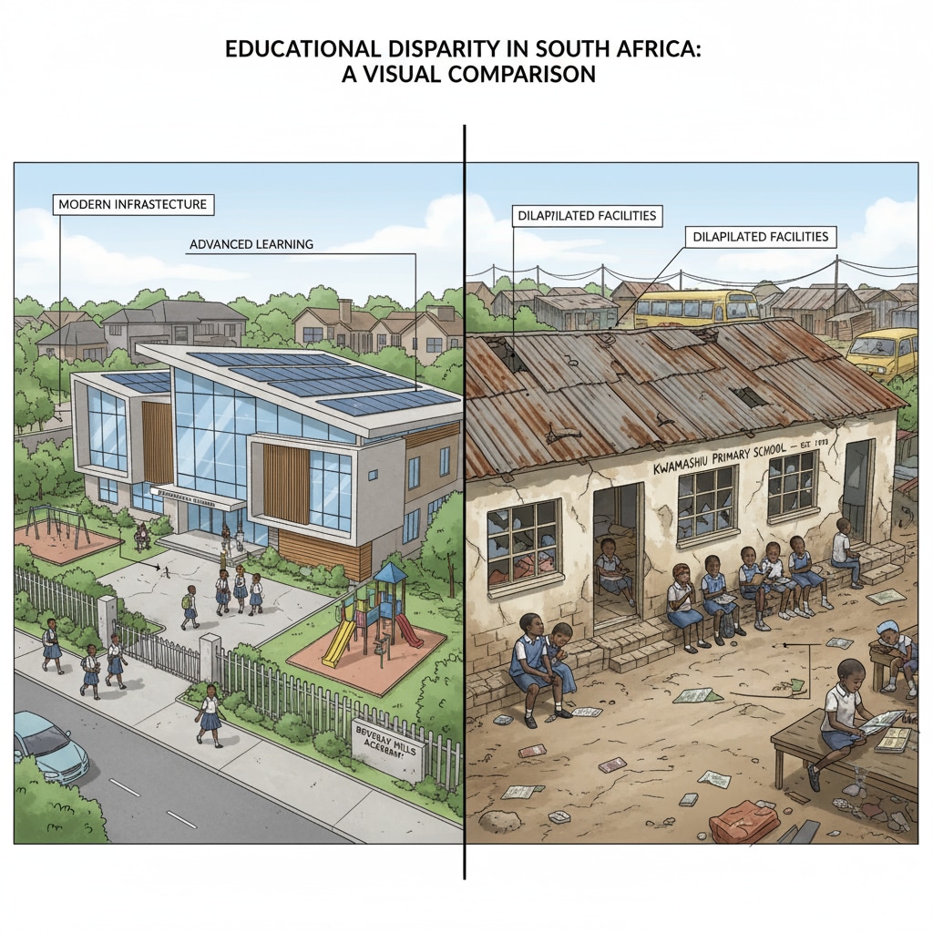 A side - by - side comparison of a modern, well - built school building in an affluent area and a dilapidated school building in a poor area in South Africa. Resource gap between schools in different areas of South Africa related to education inequality