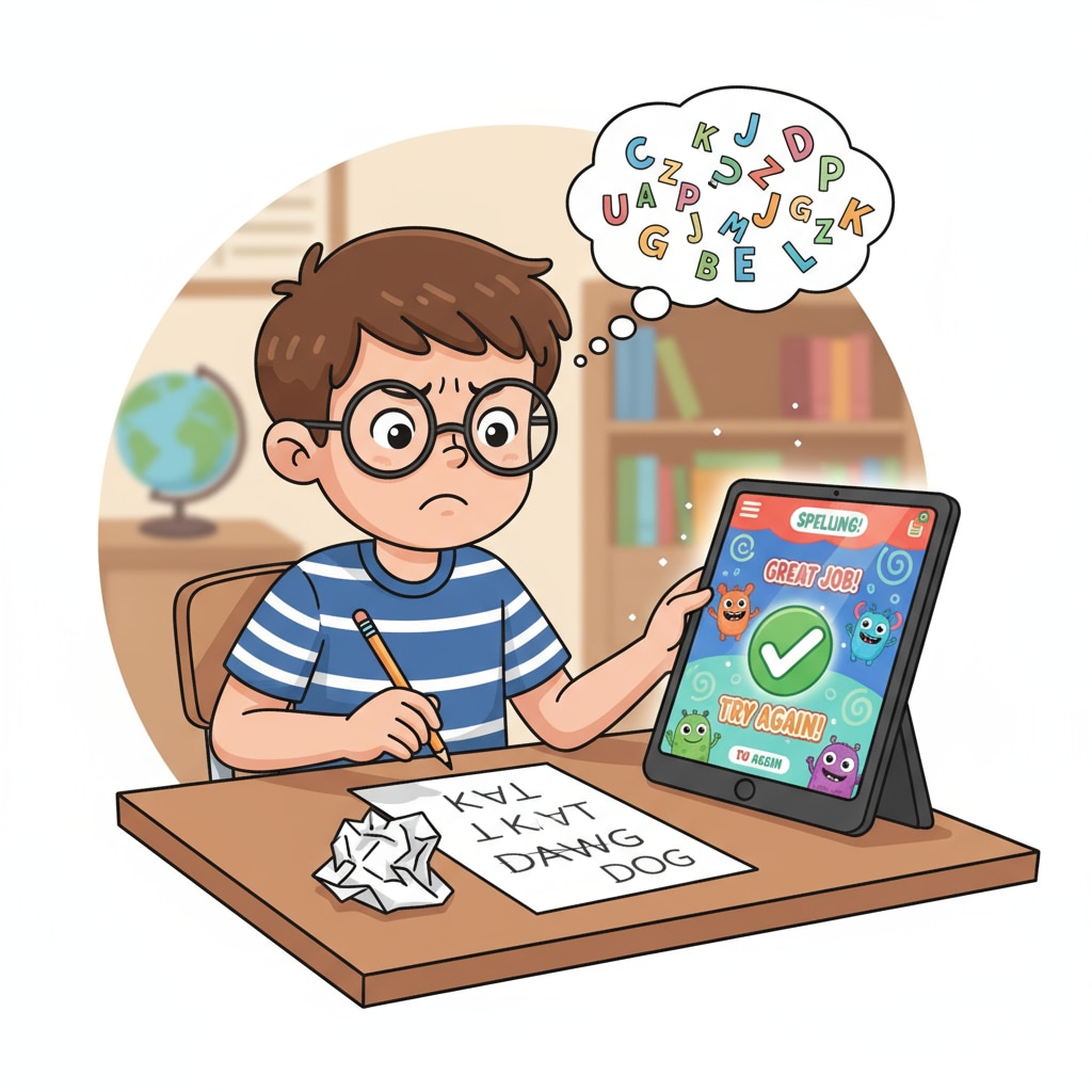An illustration showing a child with ADHD looking frustrated while trying to spell words on a piece of paper, and beside them, a tablet displays a spelling learning app with colorful graphics and positive feedback messages. ADHD child using a spelling learning app for help