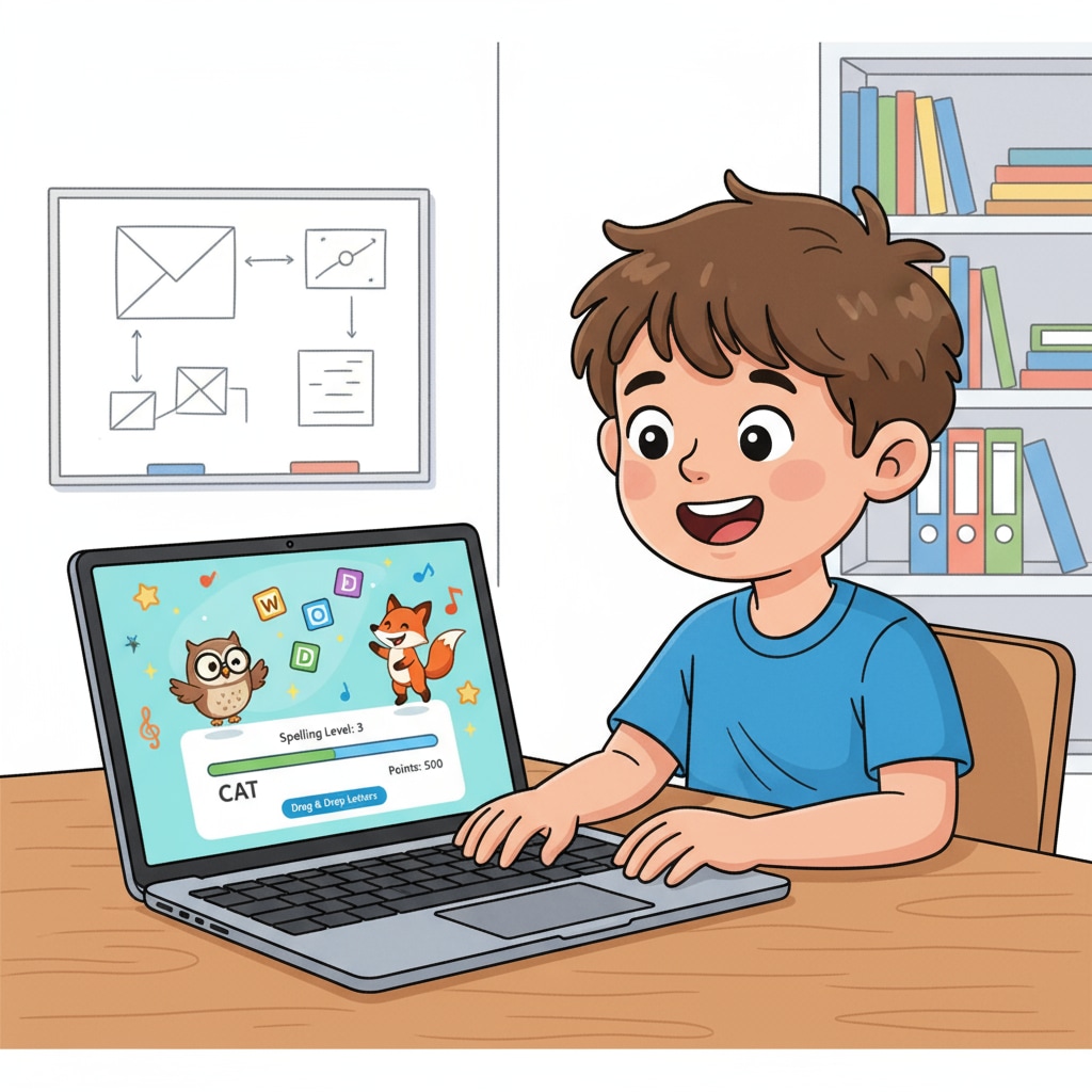 A scene of an ADHD child sitting at a table, smiling widely while using a laptop with a spelling learning app open. The app has interactive elements like animated characters and progress bars. Happy ADHD child engaged in spelling learning with an app