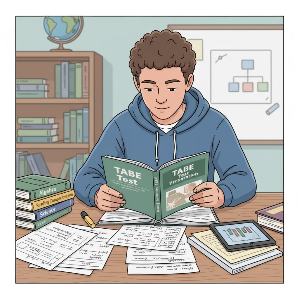 A young person sitting at a desk, intently studying TABE test materials, with books and papers spread out. A young aspiring firefighter studying for the TABE test related to EMT training