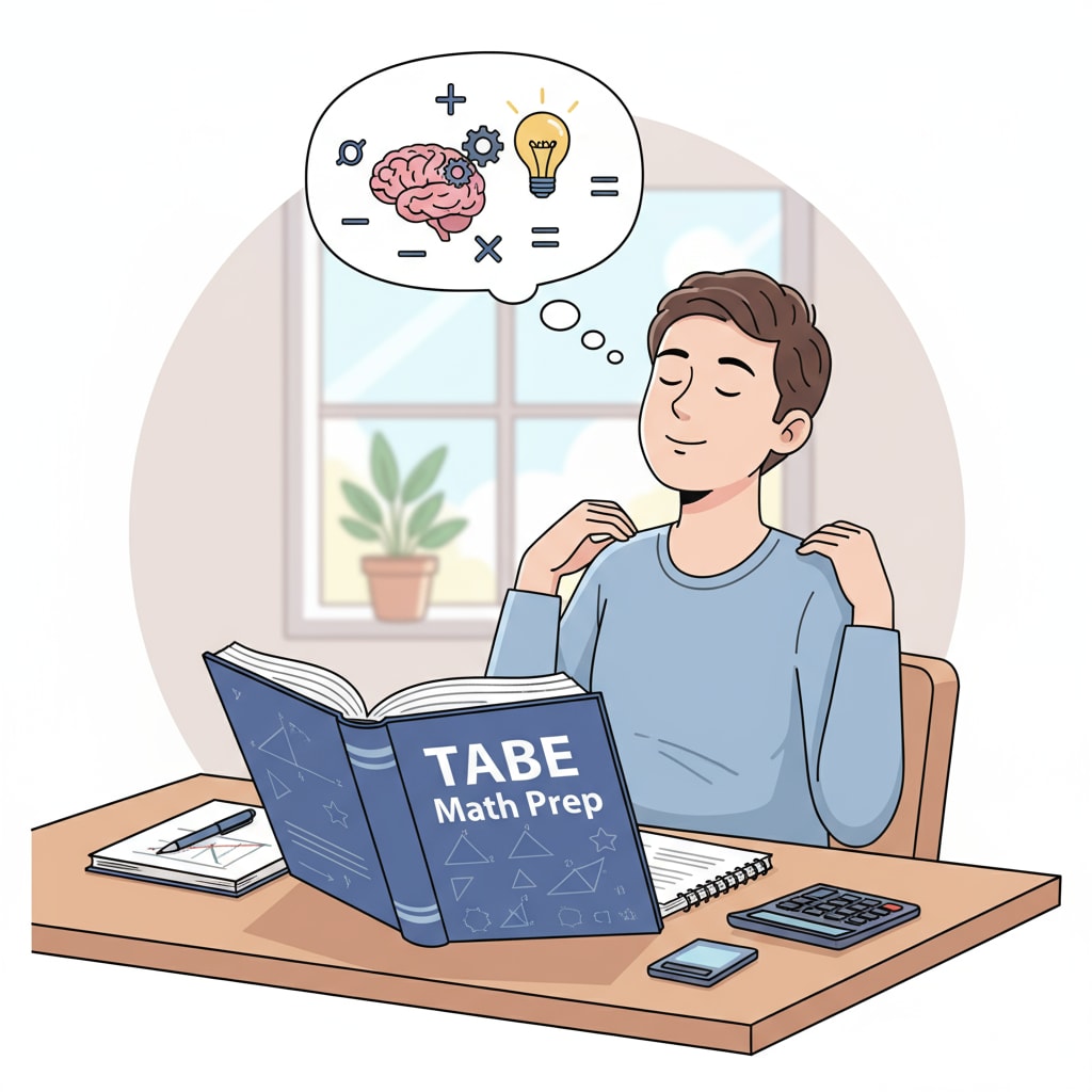A person taking a deep breath, looking calm and composed, ready to start studying math for the TABE test. A person calming down to face the math challenges of the TABE test for firefighter EMT training
