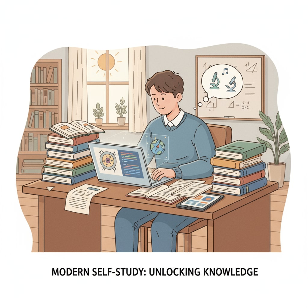 An adolescent is sitting at a desk, surrounded by books and using a laptop to study various subjects, representing the use of self-study resources. Adolescent using self-study resources to make up for educational gaps