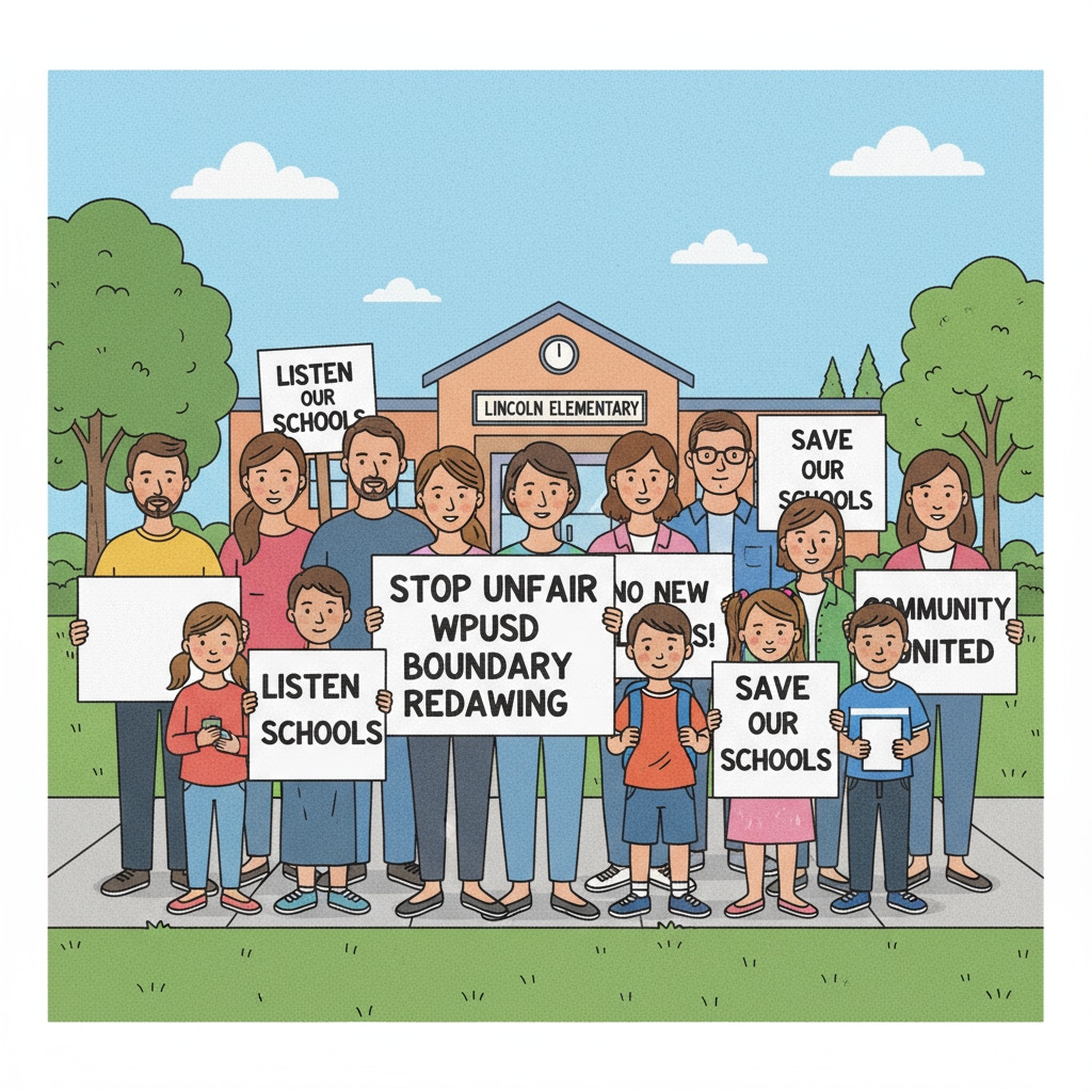 A group of people, including parents and students, standing together holding signs that say things like 'Stop Unfair WPUSD Boundary Redrawing' and 'Save Our Schools'. Community members protesting against WPUSD boundary redrawing through petitions.