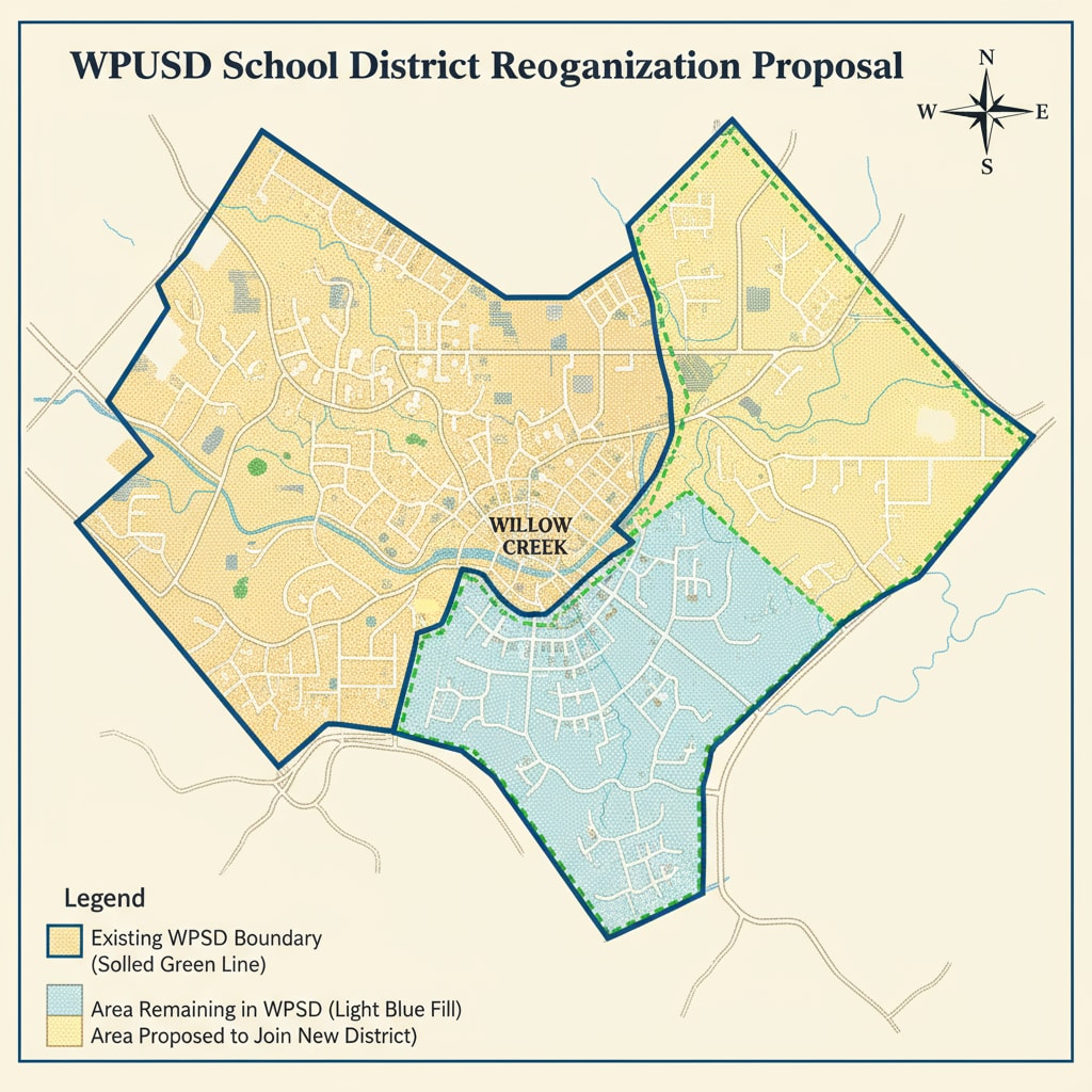 A detailed map with different colors showing the existing WPUSD school district boundaries and the proposed new boundaries. Map of WPUSD school district boundaries before and after the proposed redrawing.