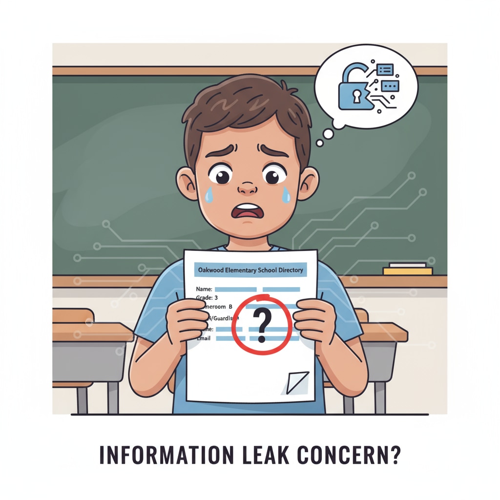 A child is shown looking concerned while holding a piece of paper with what appears to be school directory information, highlighting the potential distress caused by information leaks. A worried child due to school directory privacy leak related to parental divorce
