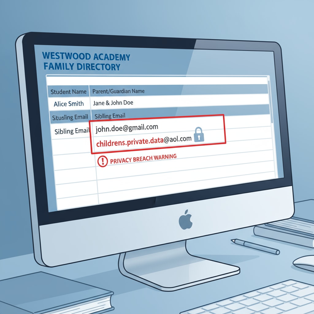 A computer screen特写 shows an incorrect email entry in the school family directory, emphasizing the privacy breach issue. Incorrect email entry in school family directory indicating privacy breach in relation to parental divorce