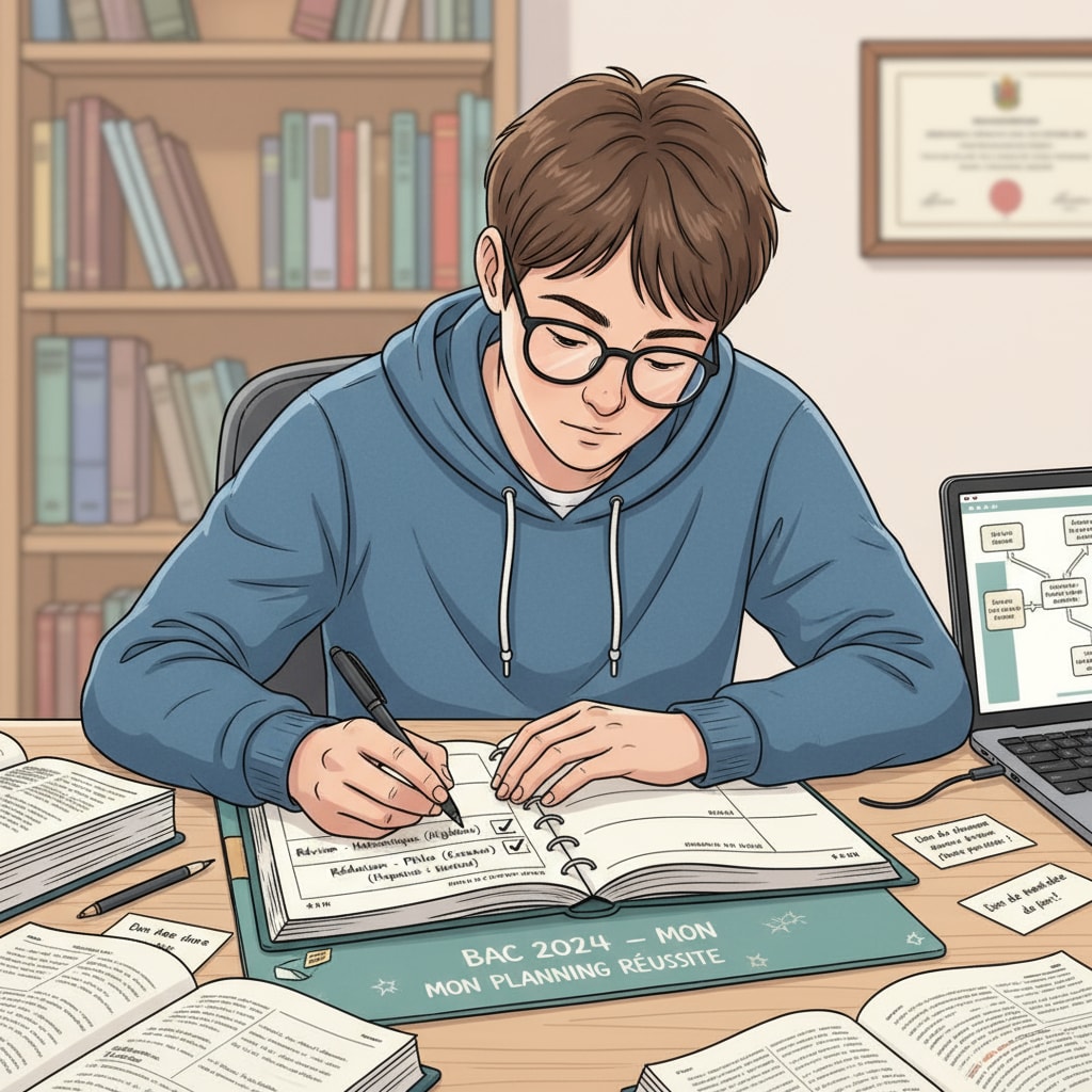 A student is carefully writing in a planner, marking out time for different study tasks related to baccalauréat preparation. A student using a planner for baccalauréat time management and study preparation