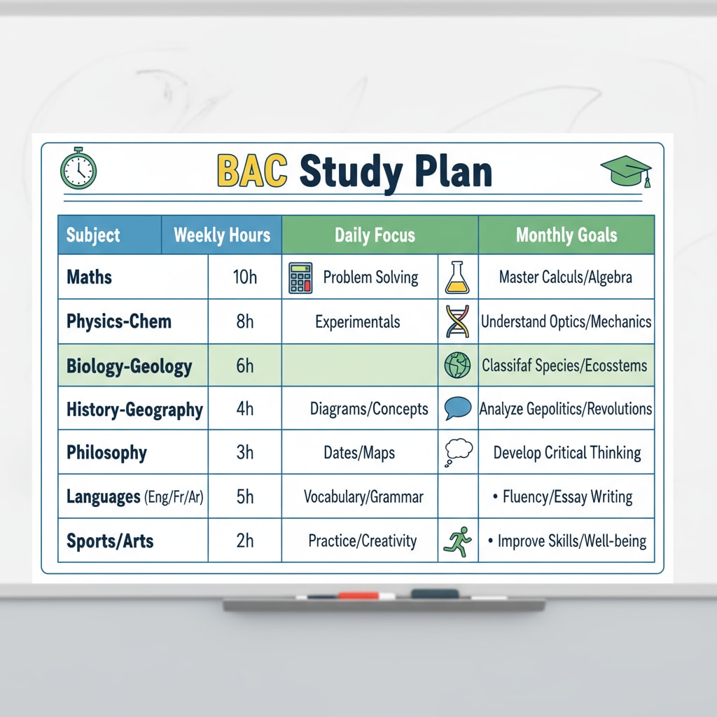A colorful chart on a whiteboard shows a detailed study plan for various baccalauréat subjects, with time allocations and goals. A study plan chart for baccalauréat subjects to aid in study preparation
