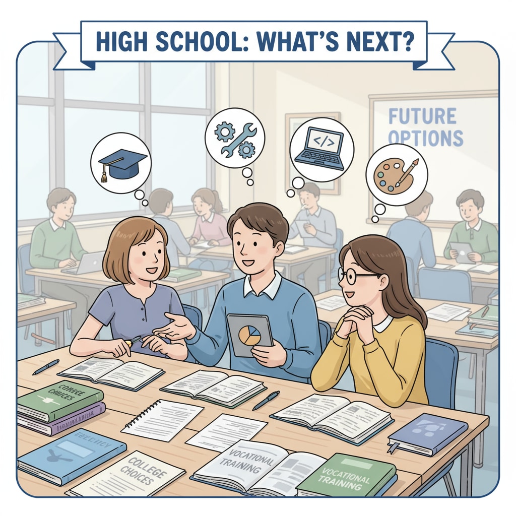 A group of students are having a discussion about their high school education options in a classroom setting. There are textbooks and notebooks on the desks, and everyone looks engaged in the conversation. Students discussing high school education options including diploma choices and GED
