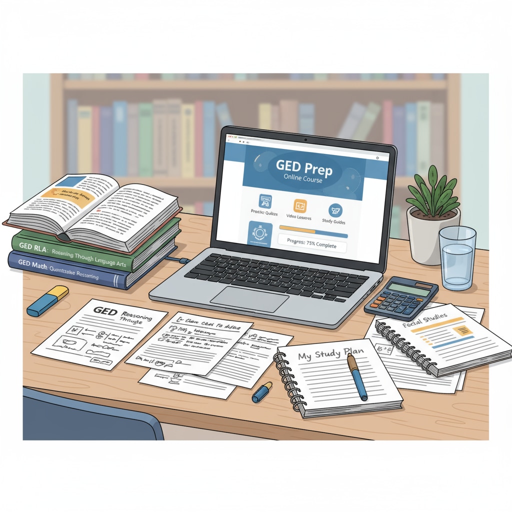 A student is sitting at a desk, surrounded by study materials for the GED test. There are books, papers, and a laptop open, showing study resources related to the GED. Student studying for GED as part of high school diploma options