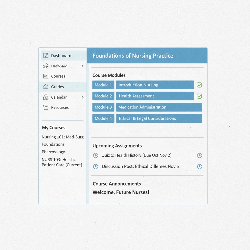 A screenshot of an online nursing degree program's learning interface, showing course modules and assignments. Online nursing degree program interface related to online universities, ACT/SAT requirements, and nursing programs