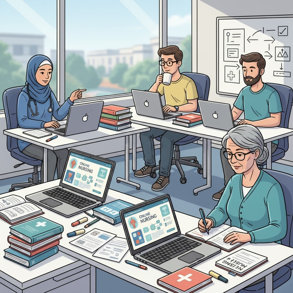 A group of students sitting in front of their computers, studying online nursing courses, with books and notes beside them. Students studying online nursing courses relevant to online universities, ACT/SAT requirements, and nursing programs
