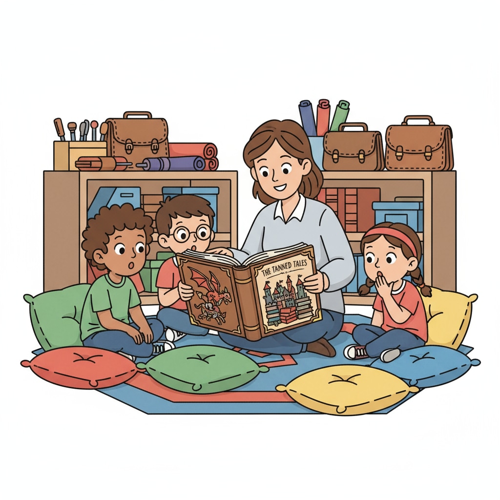 A group of children are sitting on colorful cushions, their eyes wide open as they listen to an adult reading a leather-related fairy tale from a large, illustrated book. Children listening to a leather education fairy tale