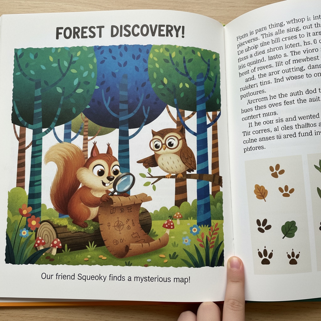A close-up of a page from a children's book with an illustration of a forest scene where a character is examining a piece of leather, with bright colors and detailed drawings. Illustration from a leather education fairy tale book
