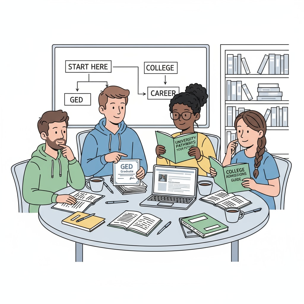 A group of students are sitting around a table, looking at GED certificates and college brochures, engaged in a discussion about college admissions. Students discussing GED and college admissions related to four-year colleges and community colleges