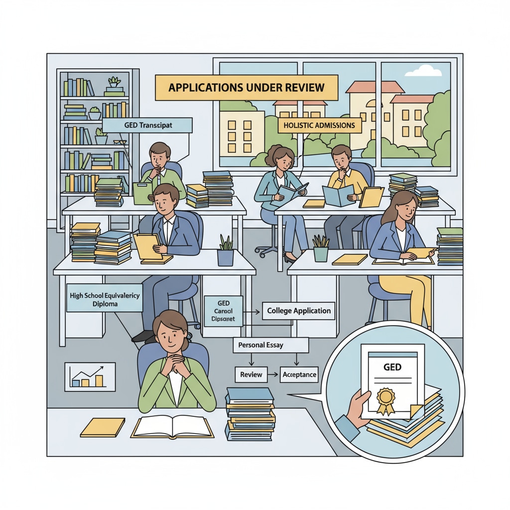 Inside a college admissions office, staff members are sitting at desks, reviewing applications that include GED-related documents. College admissions staff reviewing GED applications for four-year colleges