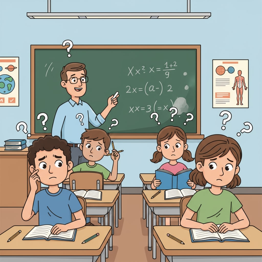 A group of students sitting in a classroom, looking confused. Students in a classroom showing signs of educational problems in US public education