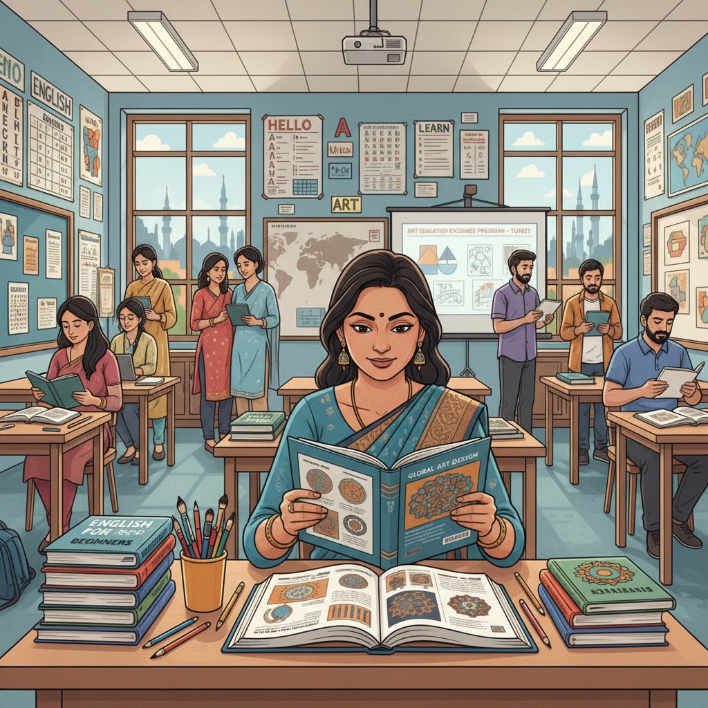 An Indian artist is attentively studying art design in a Turkish classroom filled with English teaching materials, representing the scenario of Indian artists pursuing art education in Turkey. Indian artist studying art design in a Turkish classroom with English teaching materials related to Turkish study, English-taught programs, art design, and education gap