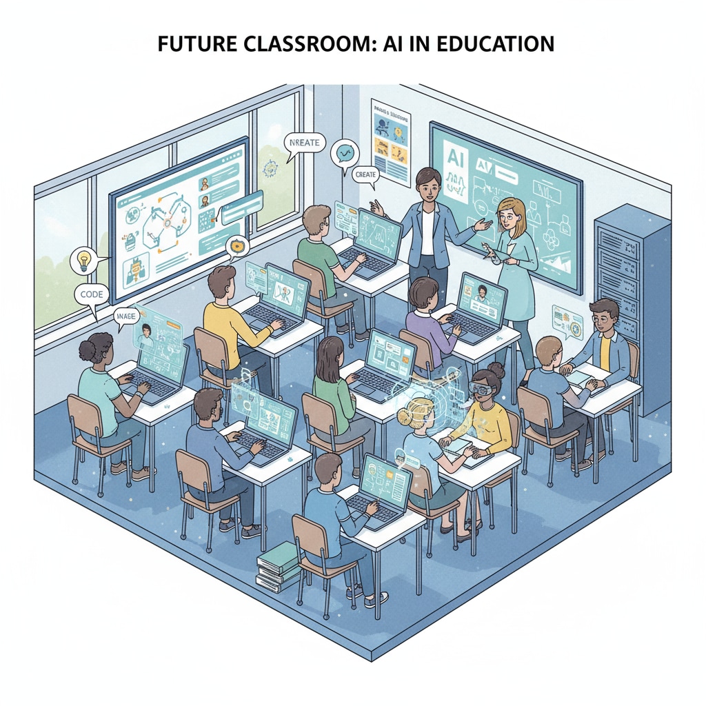 An illustration showing students using AI tools in a classroom setting. There are laptops with AI interfaces on the desks, and students are interacting with the technology. Students using AI tools in a classroom related to AI courses, education, ChatGPT