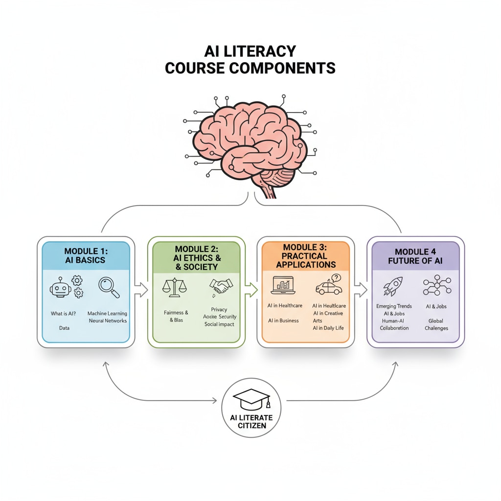 A diagram depicting the components of an AI literacy course. It shows modules such as AI basics, ethics, and practical applications. Diagram of AI literacy course components related to AI courses, education, ChatGPT
