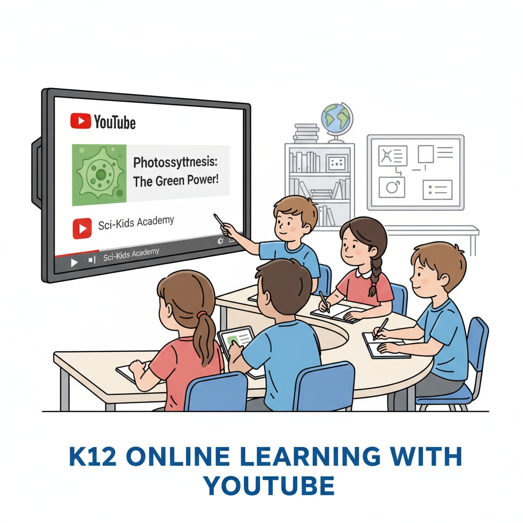 A group of students is sitting in front of a screen, watching educational videos on YouTube with great concentration, showing the utilization of YouTube in K12 online education. Students engaged in online education on YouTube for K12 subject learning