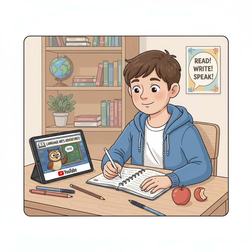 A student is sitting at a desk, taking notes while watching a YouTube video about language arts, demonstrating the learning process of language arts through YouTube in K12 education. Student learning language arts through YouTube in K12 online education