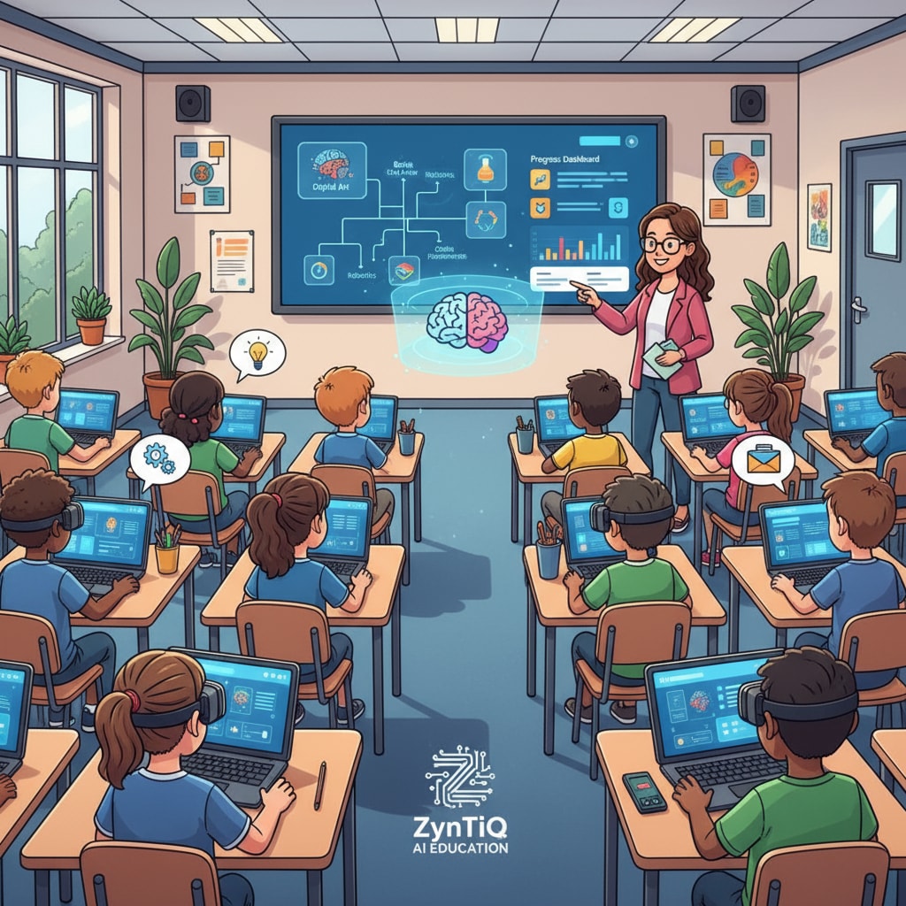 Students are shown using ZynTiQ's AI education platform in a classroom. They are engaged in learning various digital skills. Students using ZynTiQ's AI education platform for digital skills learning in a classroom