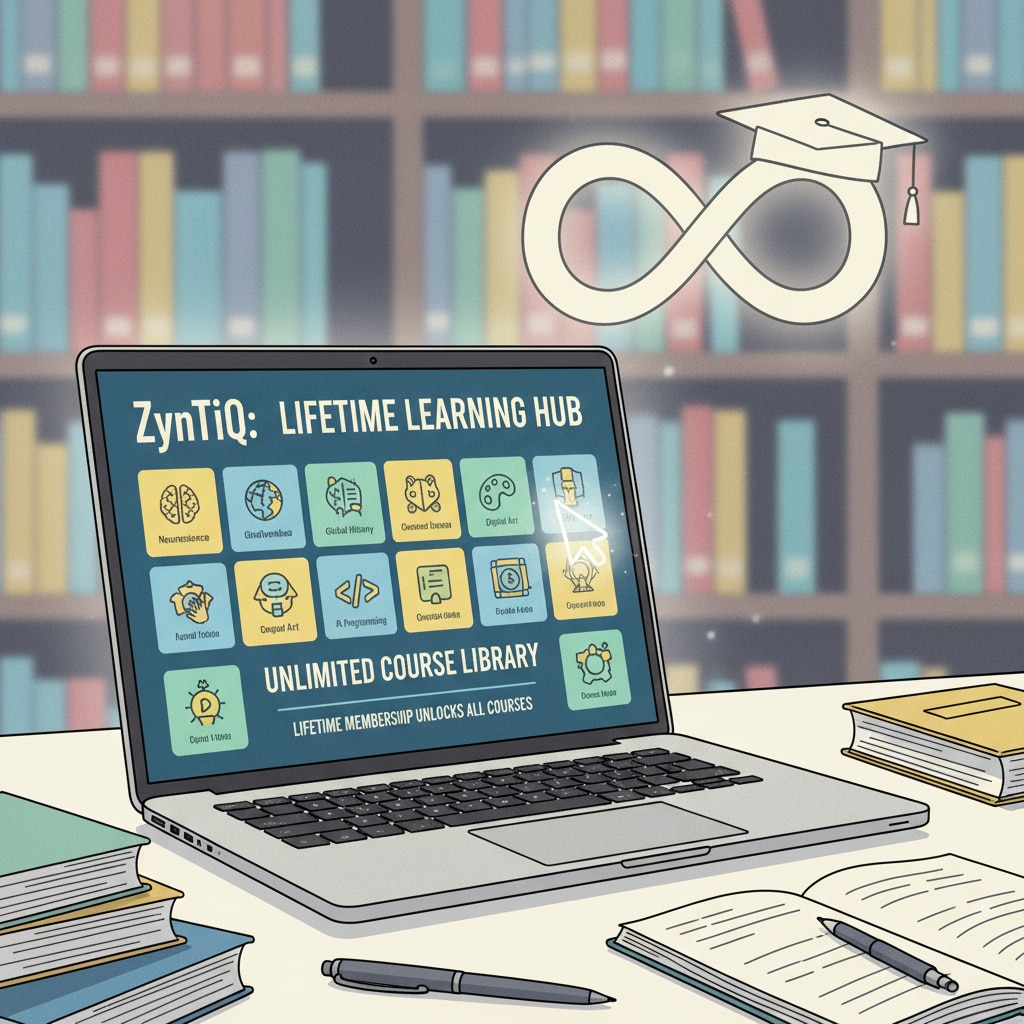 A student is seen exploring ZynTiQ's extensive course library on a laptop, indicating the wealth of learning resources available with the lifetime membership. Student exploring ZynTiQ's course library on a laptop as part of the lifetime membership benefits