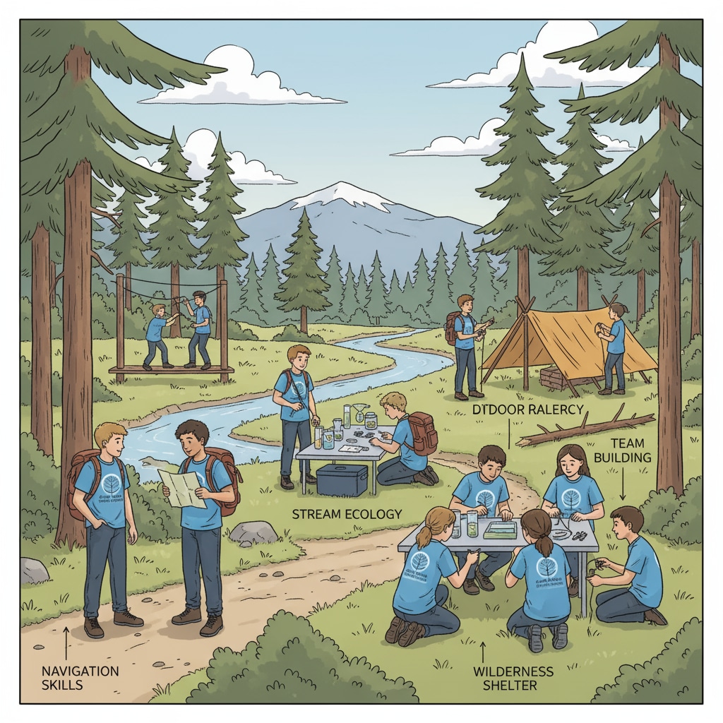 Students are actively participating in various outdoor activities during an educational program. This could be similar to the outdoor education initiatives potentially carried out in partnership with Camp Ramah. Students engaged in outdoor education activities related to school contracts with Camp Ramah