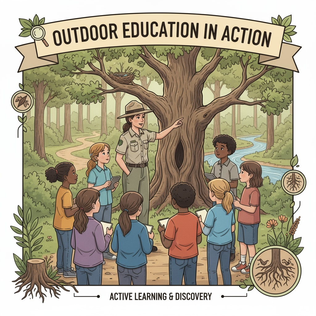 A group of students are attentively listening to a guide during an outdoor educational session. This represents the learning aspect of outdoor education projects. Students listening to a guide during an outdoor education session relevant to Camp Ramah partnerships