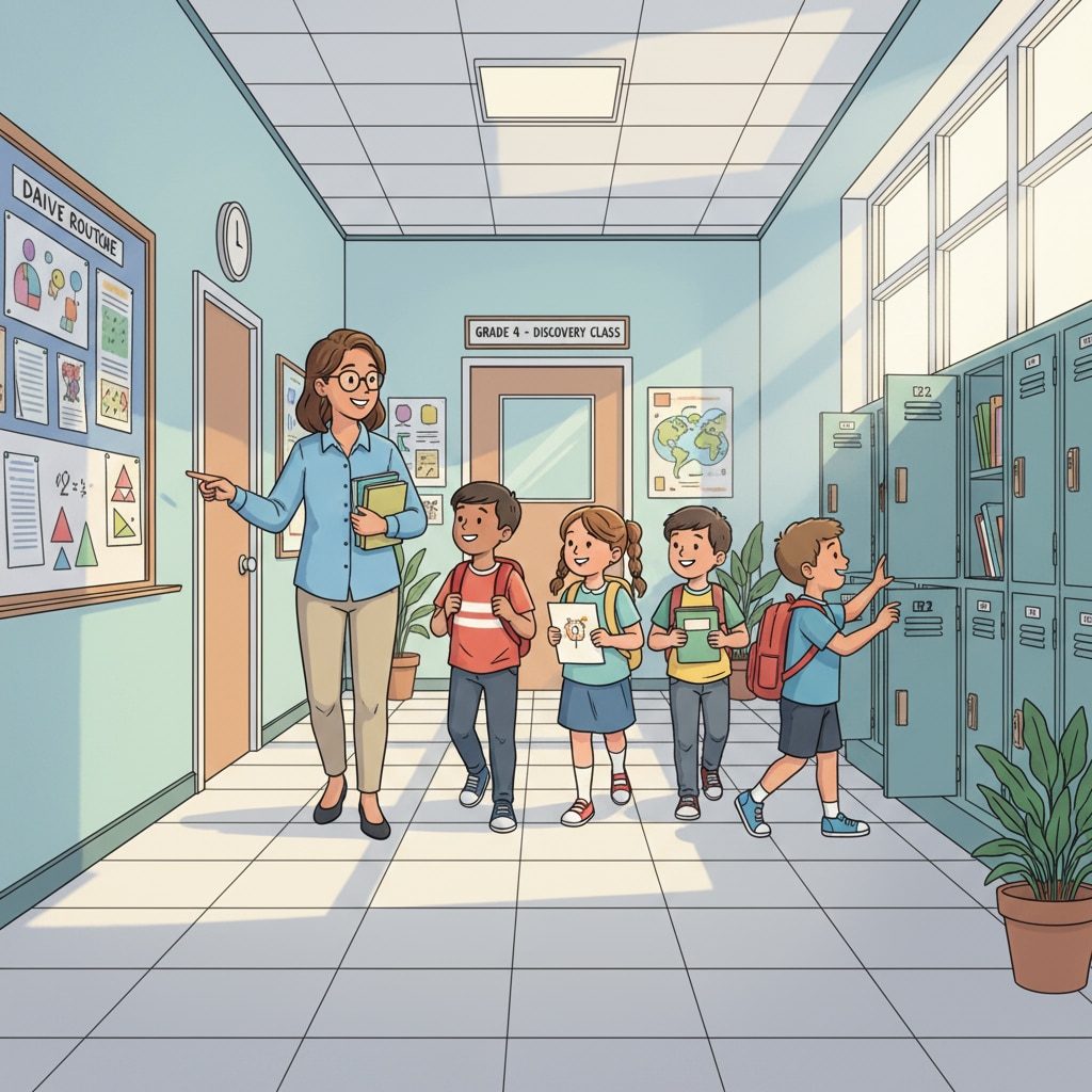 A group of students and a teacher walking in a public school corridor, showing the daily routine and the positive atmosphere in the school. Students and teacher walking in a public school corridor during a school visit for educational choice.