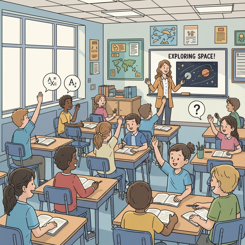 A classroom in a public school with students actively participating in a lesson, demonstrating the learning environment and student engagement. Classroom in a public school during a visit for educational choice, showing students actively learning.